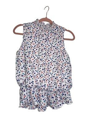 blue, grey, red speckles on white peplum blouse with ruffles, NWOT! SMALL!